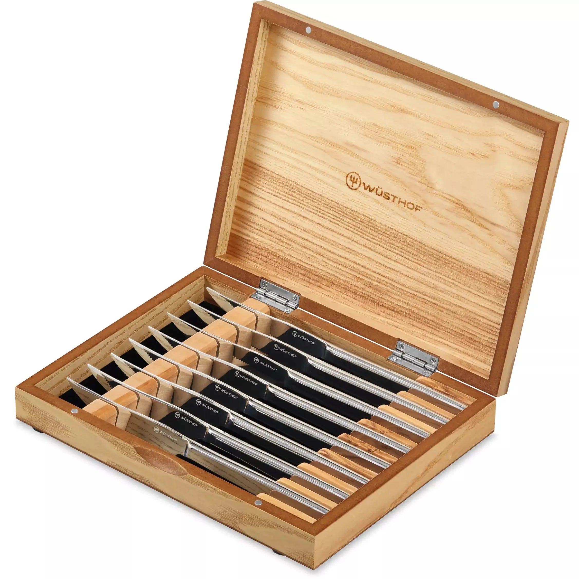 8-Piece Stainless Mignon Steak Knife Set in Olivewood Chest
