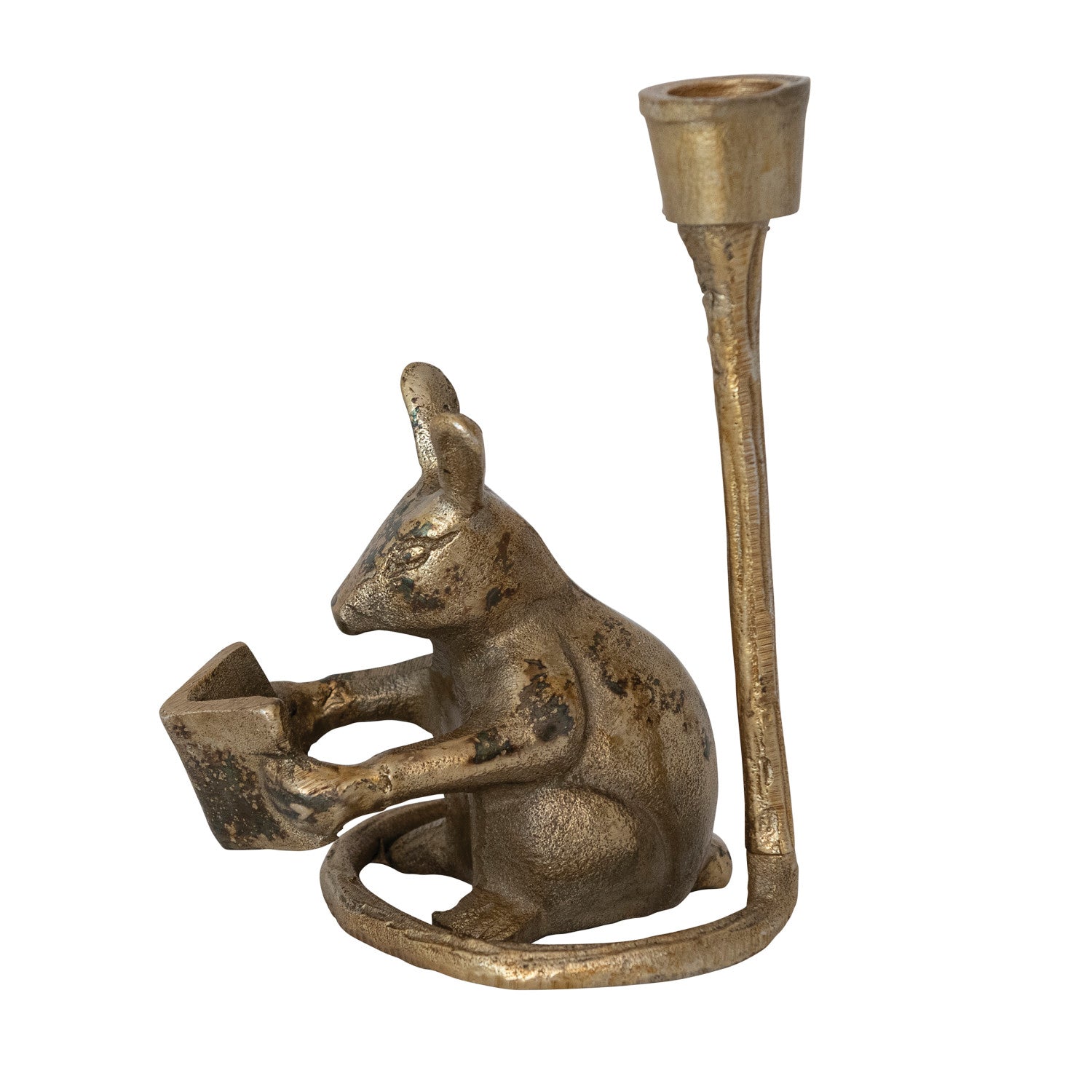 Cast Aluminum Mouse Shaped Taper Holder, Antique Gold Finish