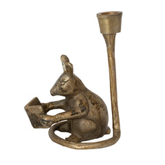 Cast Aluminum Mouse Shaped Taper Holder, Antique Gold Finish