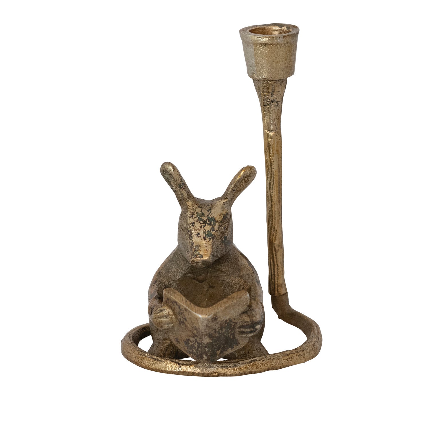 Cast Aluminum Mouse Shaped Taper Holder, Antique Gold Finish
