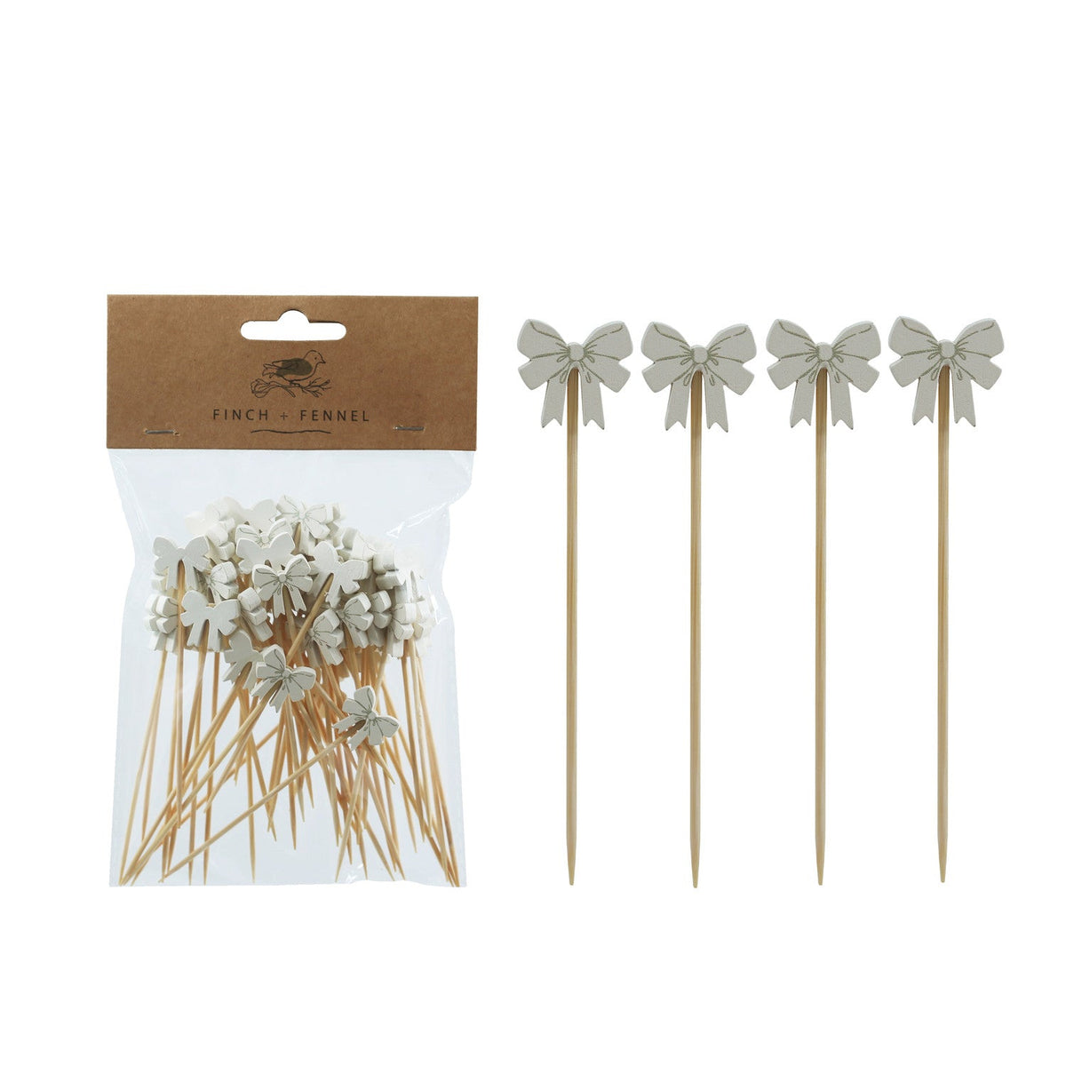 Bow Shaped Bamboo Single Use Picks, Set of 50
